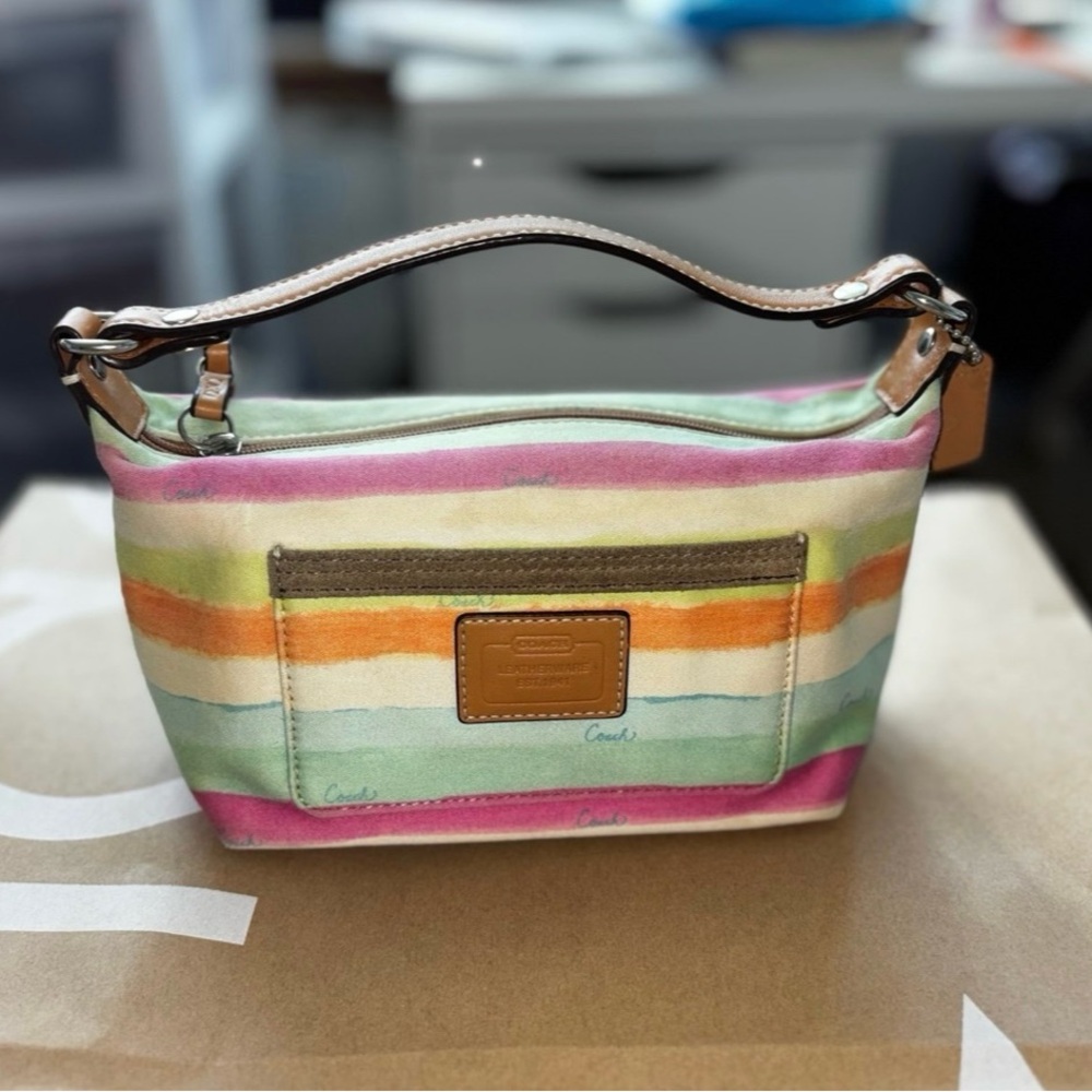 Coach Pink and Green Shoulder Bag with Striped Design